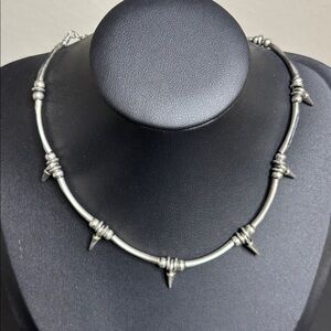 Korea Vintage Silver Tone Leather Accents Spike Choker Necklace